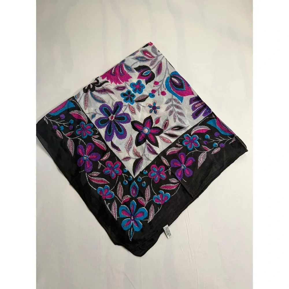 Floral Square Scarf Purple Pink Teal Rayon Boho Headwrap Neck Scarf 33x33